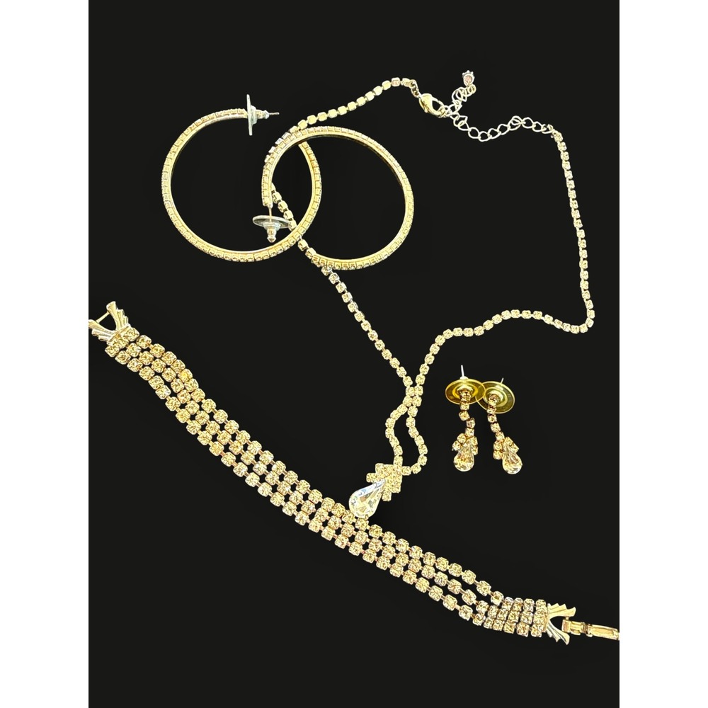Y2K Rhinestone Jewelry Set Crystal Hoop Earrings Tennis Necklace Bracelet Glam